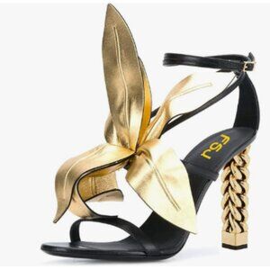 FSJ Gold Flower Gold Metal Chain Chunky High Heels Ankle Strap Open Toe Sandals